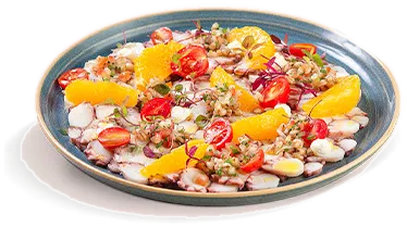 Carpaccio de polvo, vinaigrette de laranjas e mel defumado, como servido na casa