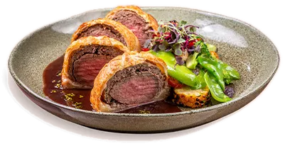 Steak Wellington, creme de castanhas, como servido na casa
